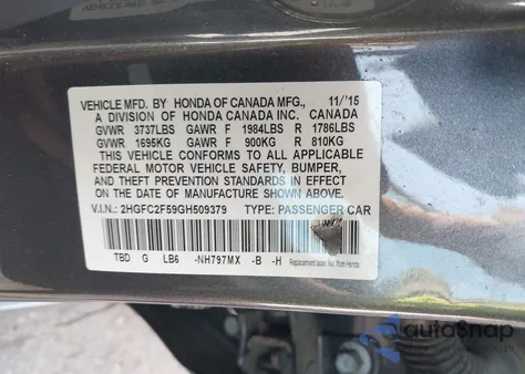 2016 Honda Civic Lx from USA, damaged, VIN 2HGFC2F59GH509379